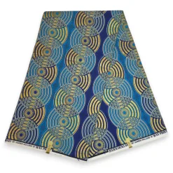 Afrikaanse stof - Blauw Goud Retro Circles - Special effect Brillant Platinum Edition