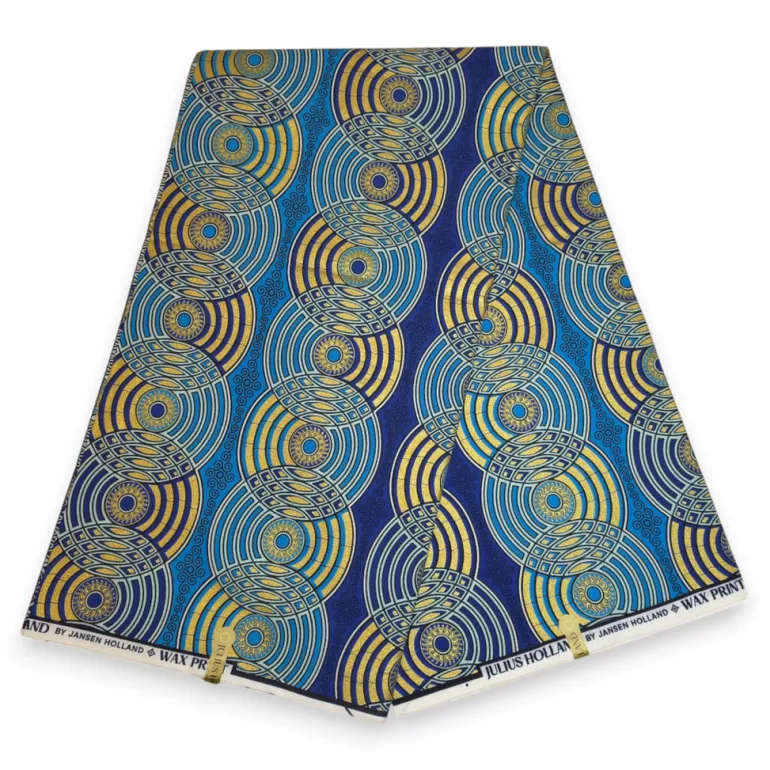 Afrikaanse stof - Blauw Goud Retro Circles - Special effect Brillant Platinum Edition