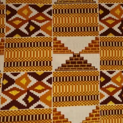 Afrikaanse stof - Exclusief versierd met glittereffecten 100% katoen - GL-4029 Mosterdgeel Bruin Goud Kente