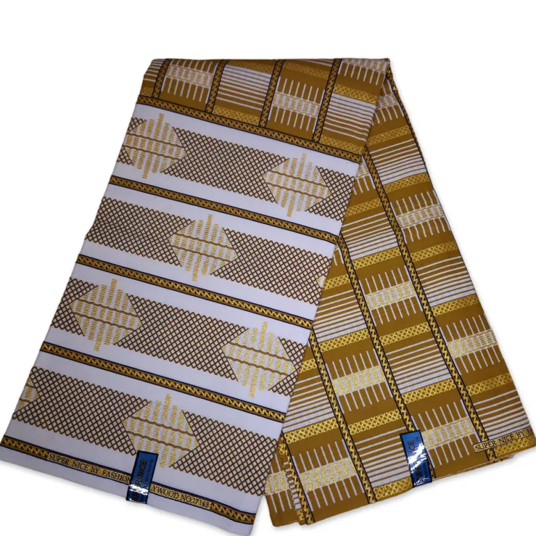 Afrikaanse stof - Exclusief versierd met glittereffecten 100% katoen - GL-4001 Olijfbruin Wit Goud
