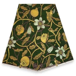 Afrikaanse stof - Groen Goud Cream Pomegranate Garden - Special effect Brillant Platinum Edition