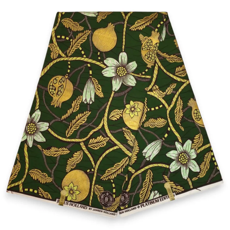 Afrikaanse stof - Groen Goud Cream Pomegranate Garden - Special effect Brillant Platinum Edition