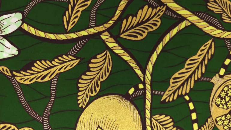 Afrikaanse stof - Groen Goud Cream Pomegranate Garden - Special effect Brillant Platinum Edition