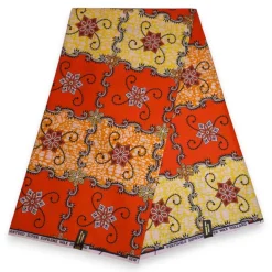Afrikaanse stof - Oranje Geel Floral Scrollwork - Super Wax 100% fijn katoen