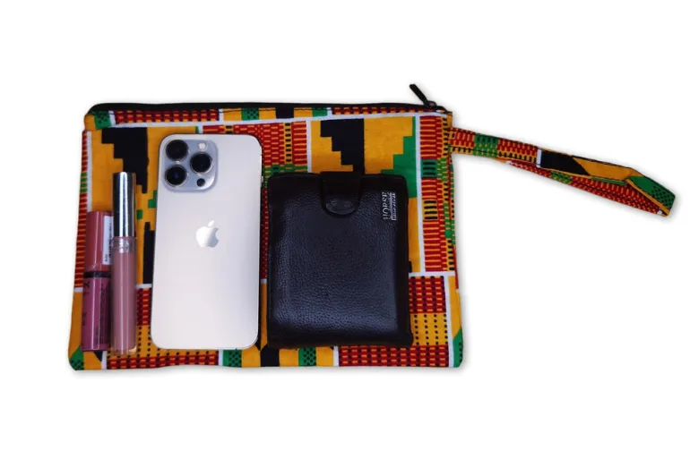 Afrikaanse wax print Make-up tasje / handtasje / etui / potloden mapje / pennentasje - Oranje / groen Kente