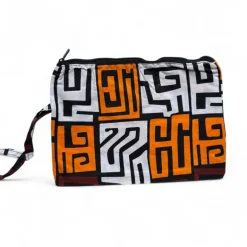 Afrikaanse wax print Make-up tasje / handtasje / etui / potloden mapje / pennentasje - Bruin & Geeloranje Kuba Blokken