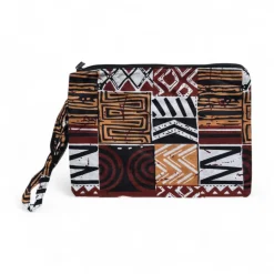 Afrikaanse wax print Make-up tasje / handtasje / etui / potloden mapje / pennentasje - Bruin Bogolan Mozaïek