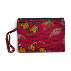 Afrikaanse wax print Make-up tasje / handtasje / etui / potloden mapje / pennentasje - Donkerrood & Geel Botanical Flow