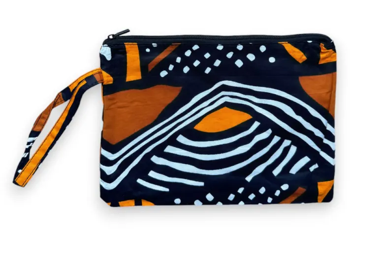 Afrikaanse wax print Make-up tasje / handtasje / etui / potloden mapje / pennentasje - Bruine / oranje Bogolan Symbols