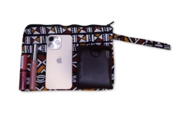 Afrikaanse wax print Make-up tasje / handtasje / etui / potloden mapje / pennentasje - Mosterd / Witte Bogolan