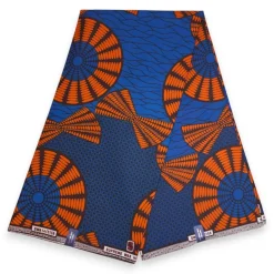 Afrikaanse wax print stof - Blauw Oranje Sun Disc - 100% katoen