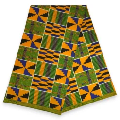 Afrikaanse wax print stof - Blauw Geel Kente Print Ghana - 100% katoen