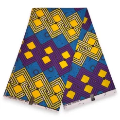 Afrikaanse wax print stof - Blauw Geel Urban Blocks - Polycotton