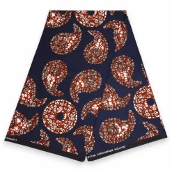 Afrikaanse wax print stof - Blauw Bruin Navy Paisley Sun - 100% katoen