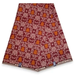 Afrikaanse wax print stof - Bordeauxrood Oranje Bogolan Icons - 100% katoen