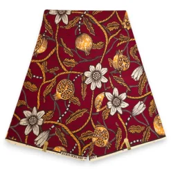 Afrikaanse wax print stof - Bordeauxrood Mosterd Pomegranate Garden - 100% katoen