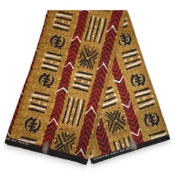 Afrikaanse wax print stof - Goud Rood Tribal Paths - Polycotton
