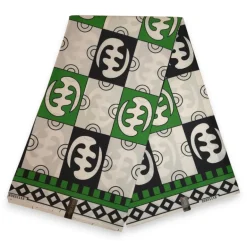 Afrikaanse wax print stof - Groen Wit Adinkra Tiles - Polycotton