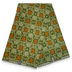 Afrikaanse wax print stof - Olijfgroen Oranje Bogolan Icons - 100% katoen