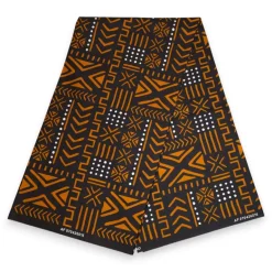 Afrikaanse wax print stof - Zwart Oranje Bogolan Spirit - 100% katoen