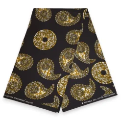Afrikaanse wax print stof - Zwart Olijfgroen Paisley Sun - 100% katoen