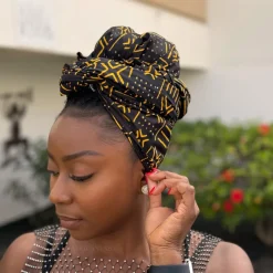 Afrikaanse Zwart / Gele X Bogolan hoofddoek - headwrap