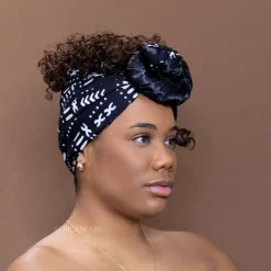 Afrikaanse Zwart / witte Satin Lined Bogolan hoofddoek - Mud cloth headwrap