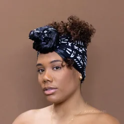 Afrikaanse Zwart / witte Satin Lined Bogolan hoofddoek - Mud cloth headwrap