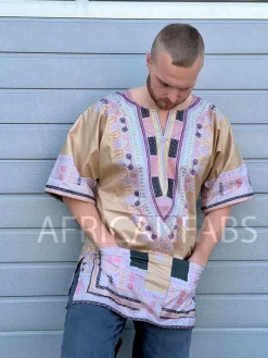 Beige Dashiki Shirt / Dashiki Jurk - Afrikaans shirt - Unisex - Vlisco
