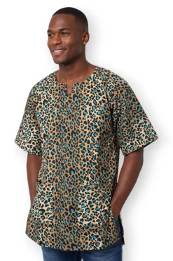 Beige Turkoois Leopard Spots Dashiki Shirt / Dashiki Jurk - Afrikaans shirt - Unisex