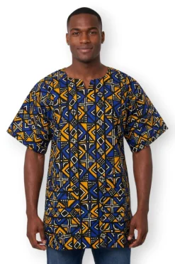 Blauw Bogolan Geometry Dashiki Shirt / Dashiki Jurk - Afrikaans shirt - Unisex