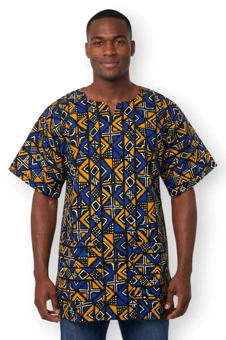 Blauw Bogolan Geometry Dashiki Shirt / Dashiki Jurk - Afrikaans shirt - Unisex