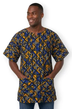 Blauw Bogolan Geometry Dashiki Shirt / Dashiki Jurk - Afrikaans shirt - Unisex