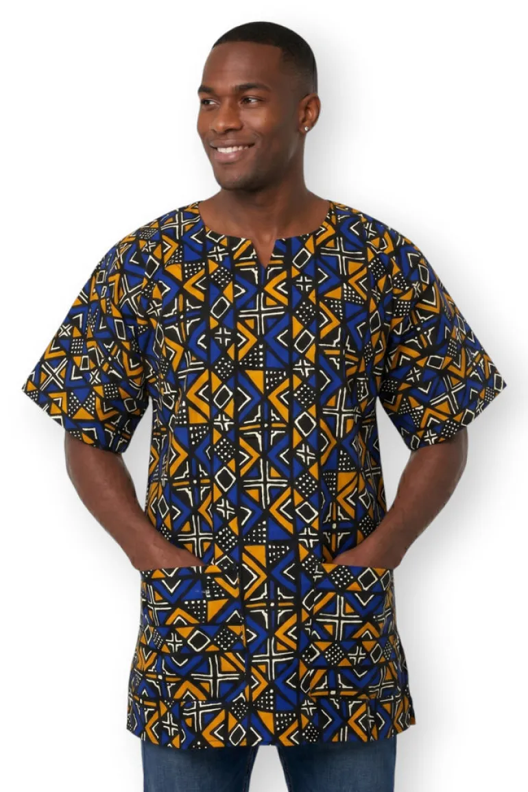 Blauw Bogolan Geometry Dashiki Shirt / Dashiki Jurk - Afrikaans shirt - Unisex