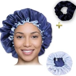 Blauwe Satijnen Slaapmuts / Haar bonnet van Satijn / Satin hair bonnet + Satijnen scrunchie