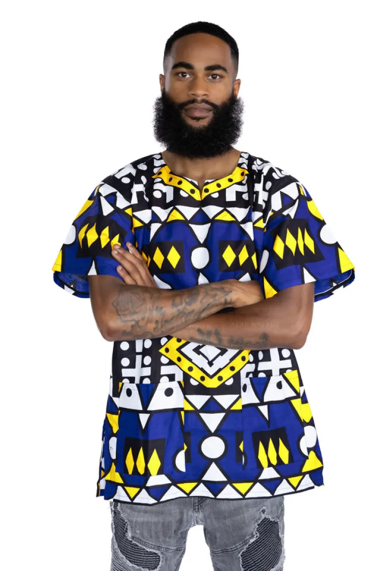 Blauw Geel Samakaka Dashiki Shirt / Dashiki Jurk - Afrikaans shirt - Unisex