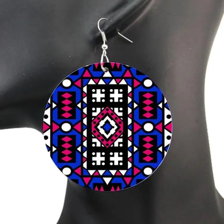 Blauw Roze Samakaka print Oorbellen - Afrikaanse Samacaca drop oorbellen