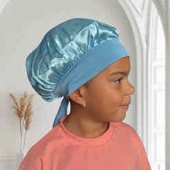 Blauw Satijnen slaapmuts met bandjes (kinderen / kindermaat 3-7 jaar) (Kinder Haar Bonnet)