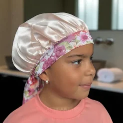 Bloem Satijnen slaapmuts met bandjes (kinderen / kindermaat 3-7 jaar) (Kinder Haar Bonnet)