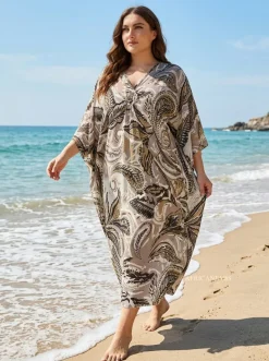 Boho rayon kaftan jurk - Beige Bruin Desert Paisley