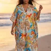 Boho rayon kaftan jurk - Beige Lichtblauw Coastal Leaves