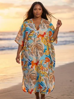 Boho rayon kaftan jurk - Beige Lichtblauw Coastal Leaves