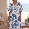 Boho rayon kaftan jurk - Blauw Wit Coastal Feathers