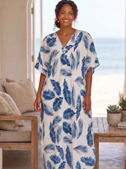 Boho rayon kaftan jurk - Blauw Wit Coastal Feathers