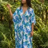 Boho rayon kaftan jurk - Blauw Wit Island Leaves