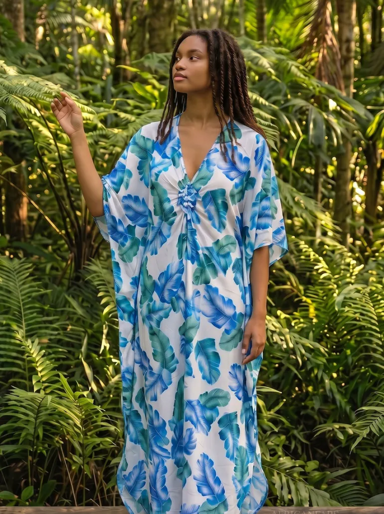 Boho rayon kaftan jurk - Blauw Wit Island Leaves