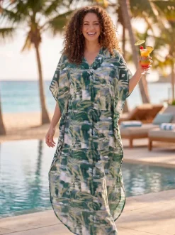 Boho rayon kaftan jurk - Groen Beige Jungle Mist