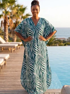Boho rayon kaftan jurk - Groen Wit Palm Waves