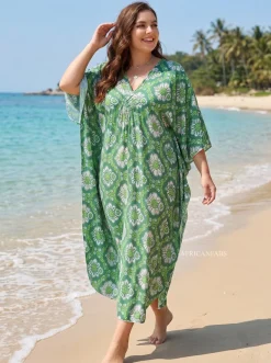 Boho rayon kaftan jurk - Groen Wild Daisy