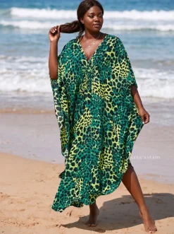 Boho rayon kaftan jurk - Groen Zwart Jungle Leopard